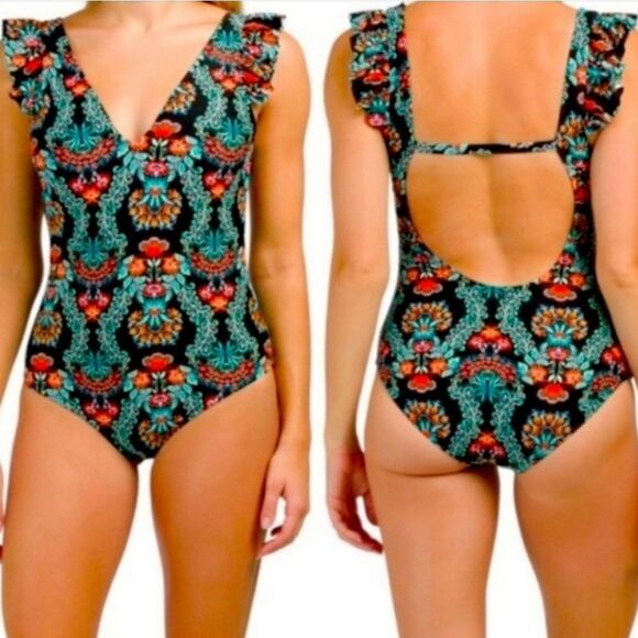 Jessica‎ Simpson One Piece Swimsuit Ruffle Sleeve Cut Out Back Green Black Small - Picture 1 of 7
